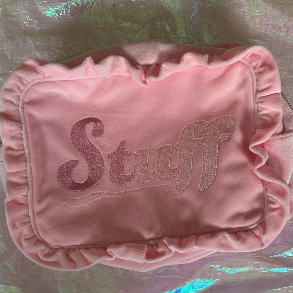 Pink velvet Ruffled Pouch with 'Stuff' Embroidery